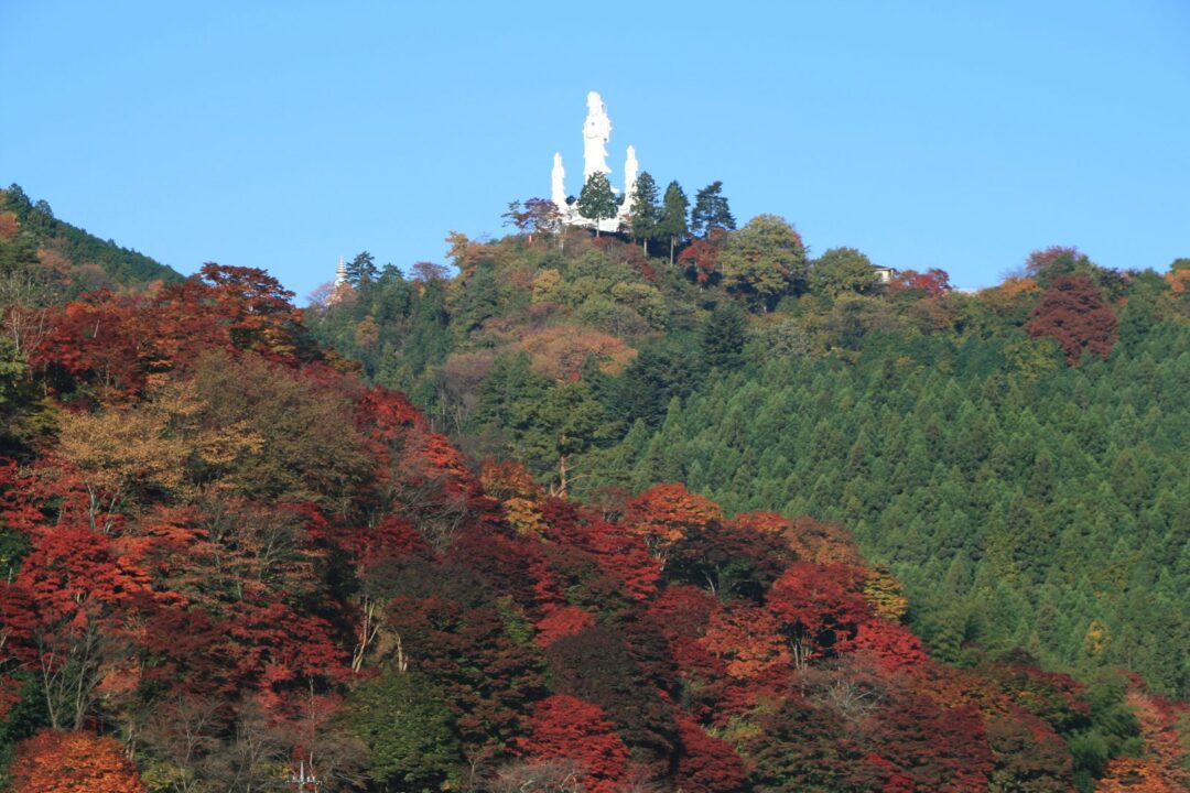 紅葉の山の上に立つ鳥居観音の救世大観音